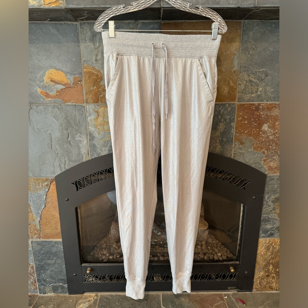 Lauren Ralph Lauren Sparkly Metallic Silver High Rise Full Length Jogger Pants S - Picture 2 of 8
